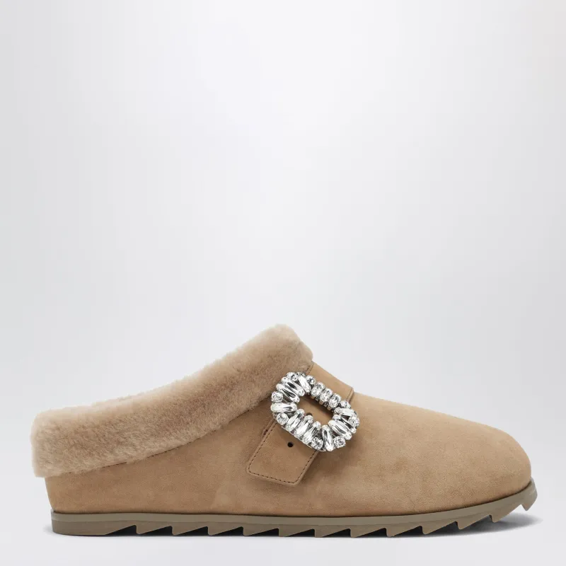 Tobacco Suede Belle Vivier Buckle Mules made by Roger Vivier