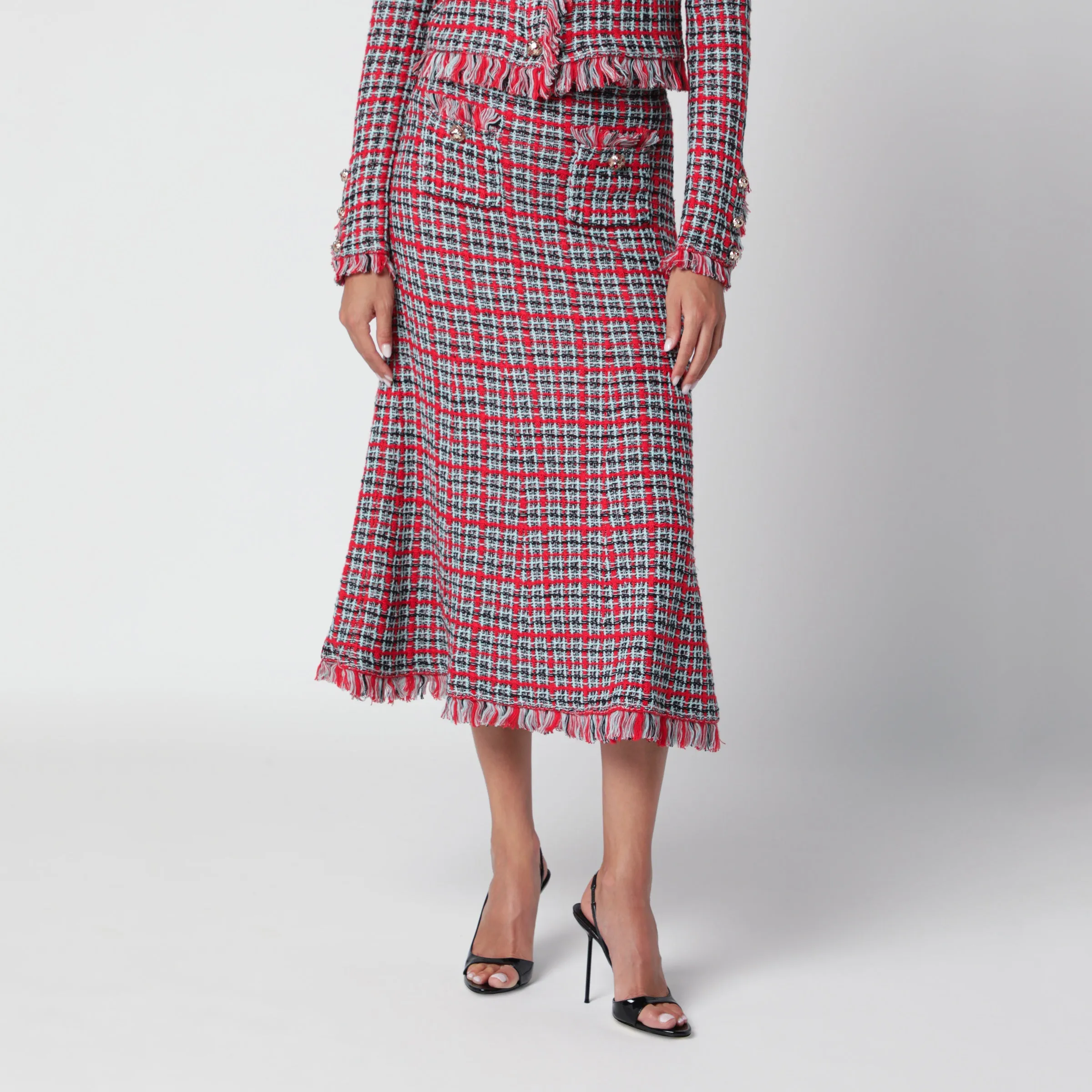 Red Checked Midi Skirt In Cotton And Wool sold by Wanan Luxury