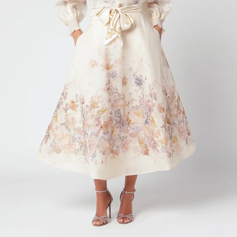 Ascent Cream Linen And Silk Flared Midi Skirt made by Zimmermann