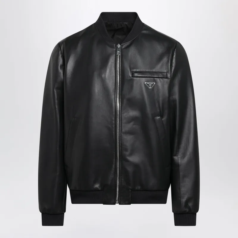 Black Zip-Up Bomber Jacket In Leather made by Prada