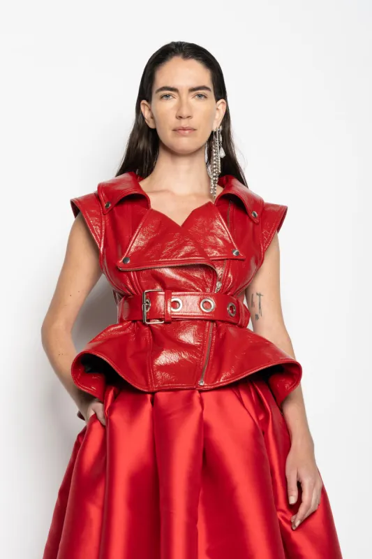 RED LEATHER BIKER VEST made by Marques ’ Almeida