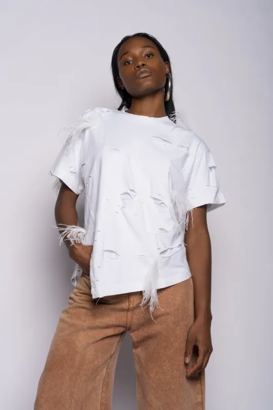 WHITE LINED DISTRESSED T-SHIRT WITH FEATHERS sold by Marques ’ Almeida