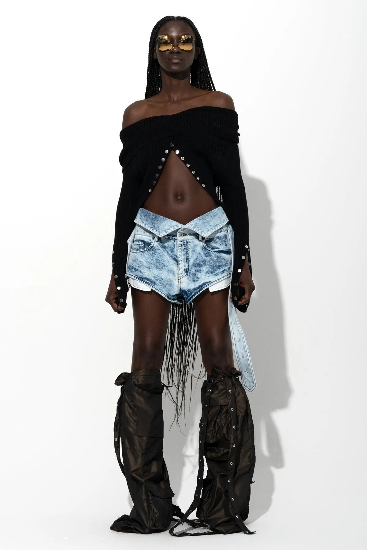 ACID WASH DENIM FOLDING WAISTBAND SHORTS sold by Marques ’ Almeida