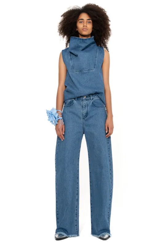 MID BLUE COWL NECK TOP made by Marques ’ Almeida