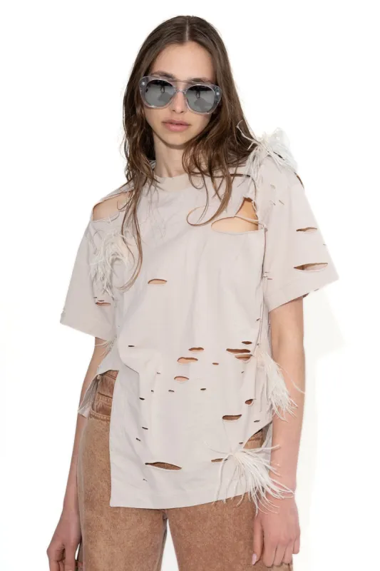 BEIGE DISTRESSED T-SHIRT WITH FEATHERS made by Marques ’ Almeida
