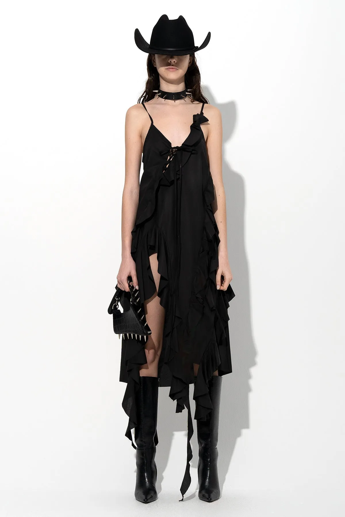 BLACK STRAP DRESS WITH ASYMMETRIC CASCADING FRILLS sold by Marques ’ Almeida