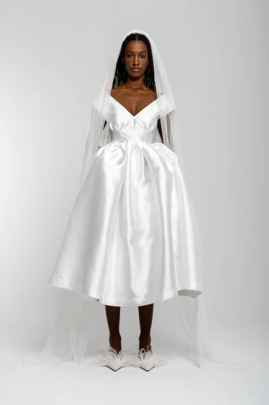 WHITE V NECK CINCHED PLEATED MIDI DRESS sold by Marques ’ Almeida