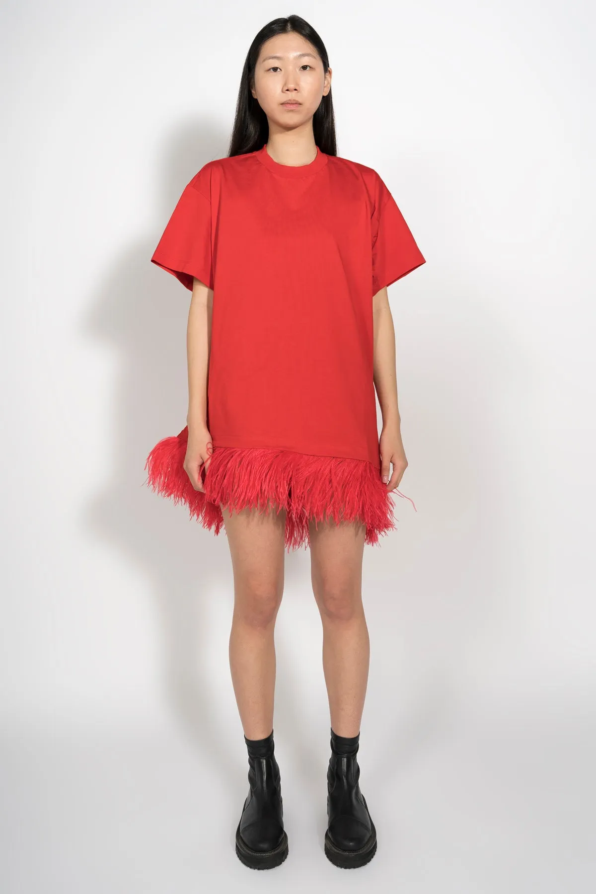RED FEATHER HEM T-SHIRT DRESS sold by Marques ’ Almeida