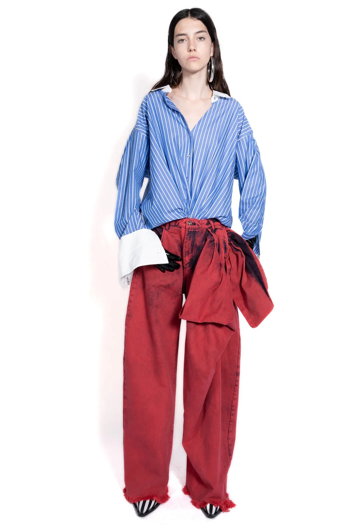 RED DENIM BOYFRIEND TROUSERS WITH BIG BOW sold by Marques ’ Almeida