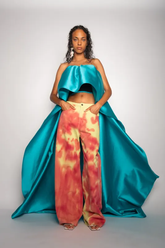 TURQUOISE STRAPLESS PLEATED TRAIN TOP made by Marques ’ Almeida
