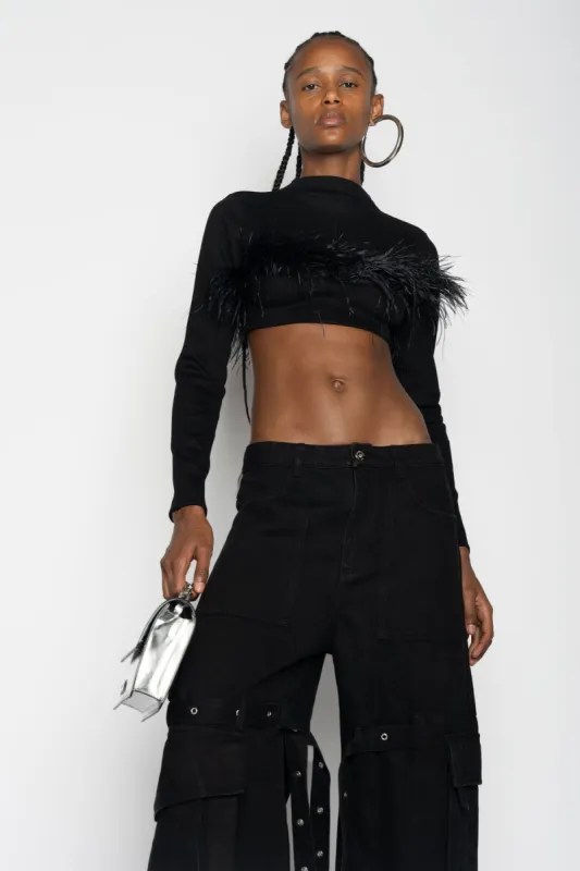 BLACK CROPPED FEATHER TOP made by Marques ’ Almeida