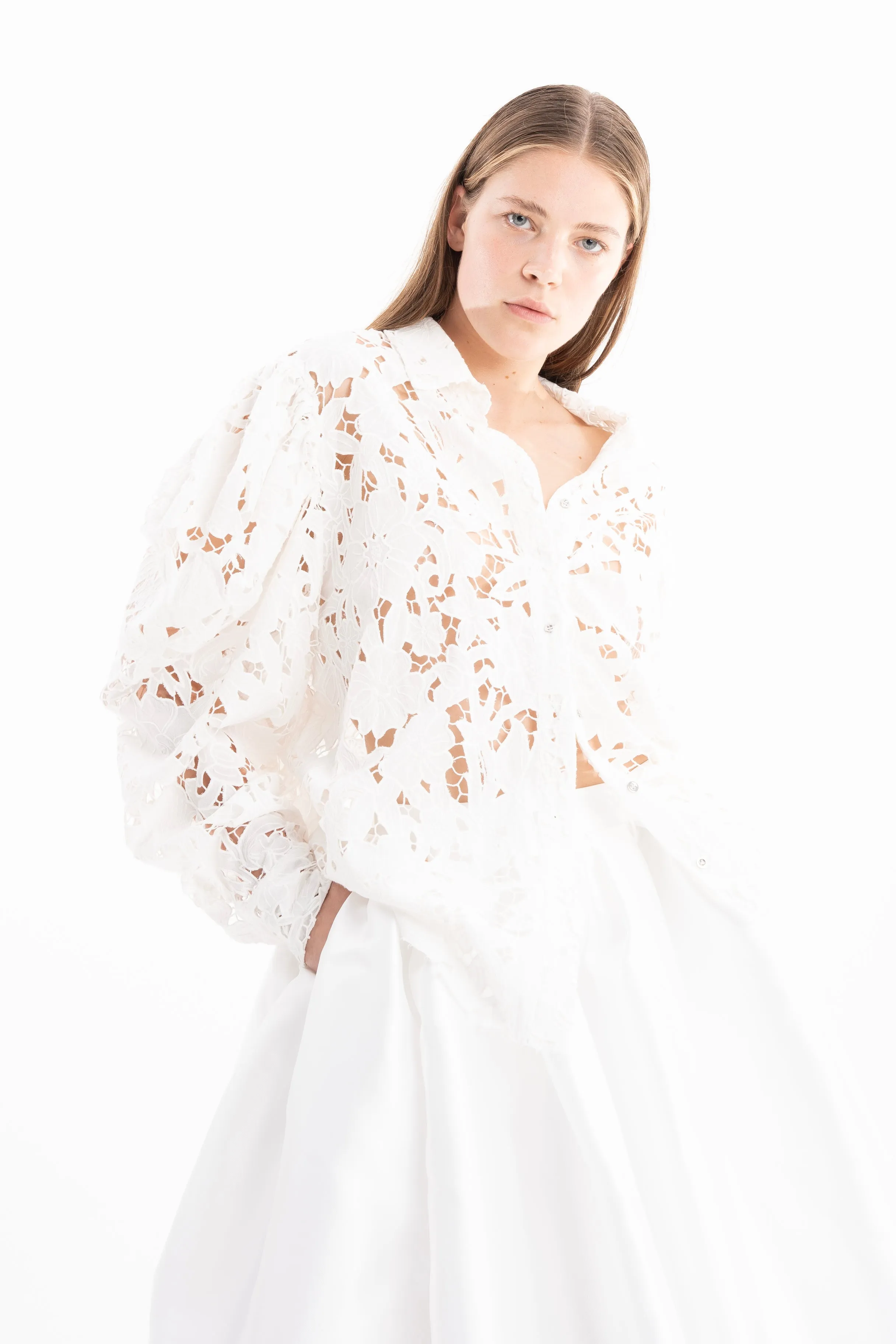 WHITE EMBROIDERED PUFF SLEEVE SHIRT sold by Marques ’ Almeida