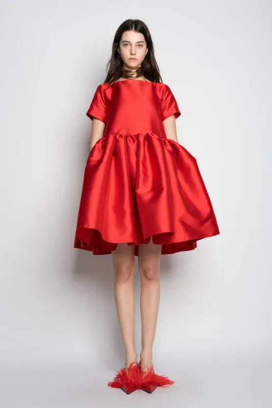 RED SHORT CAP SLEEVE PUFF DRESS made by Marques ’ Almeida