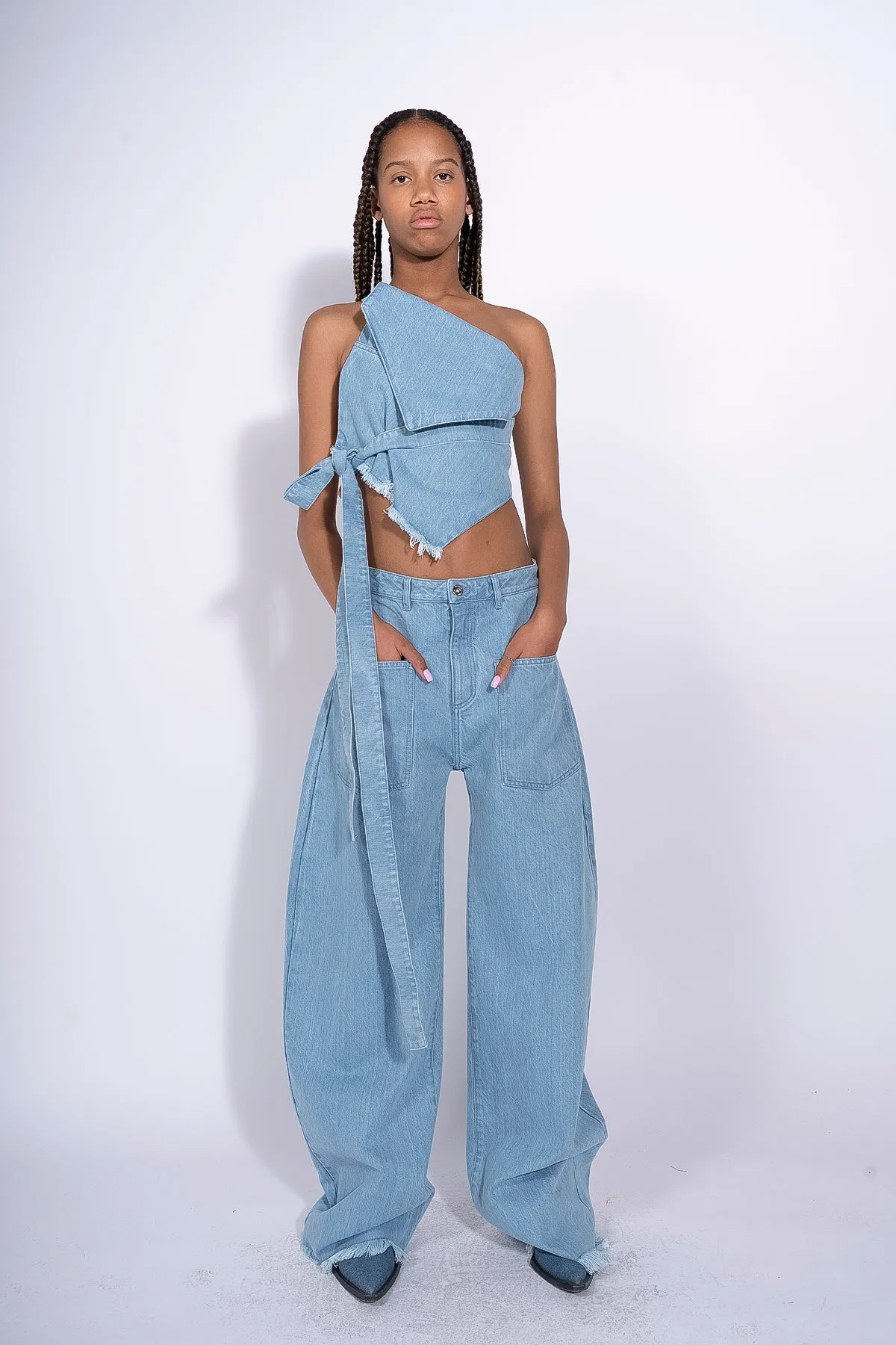 BLUE DENIM BOYFRIEND TROUSERS WITH PATCH POCKET sold by Marques ’ Almeida