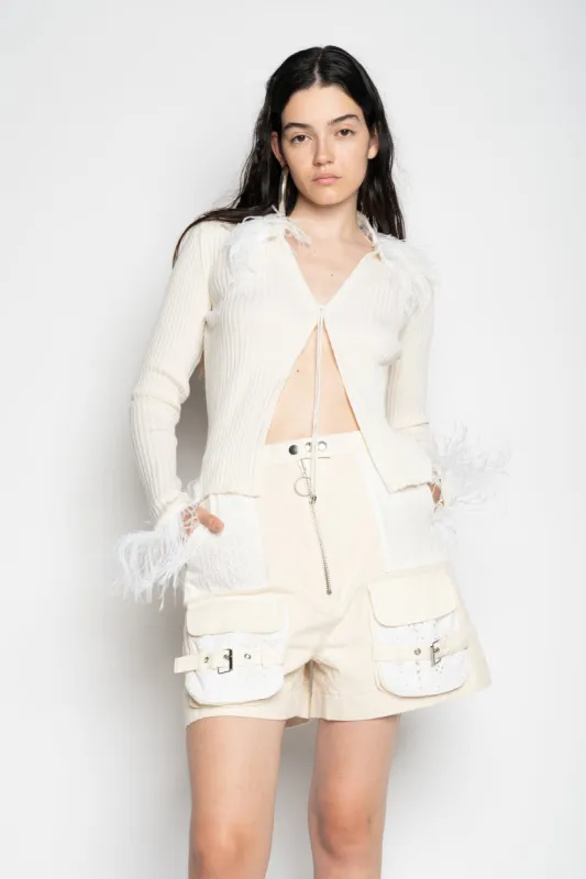 WHITE MERINO WOOL CARDIGAN WITH FEATHERS made by Marques ’ Almeida