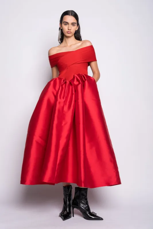 RED OFF SHOULDER FULL SKIRT DRESS sold by Marques ’ Almeida