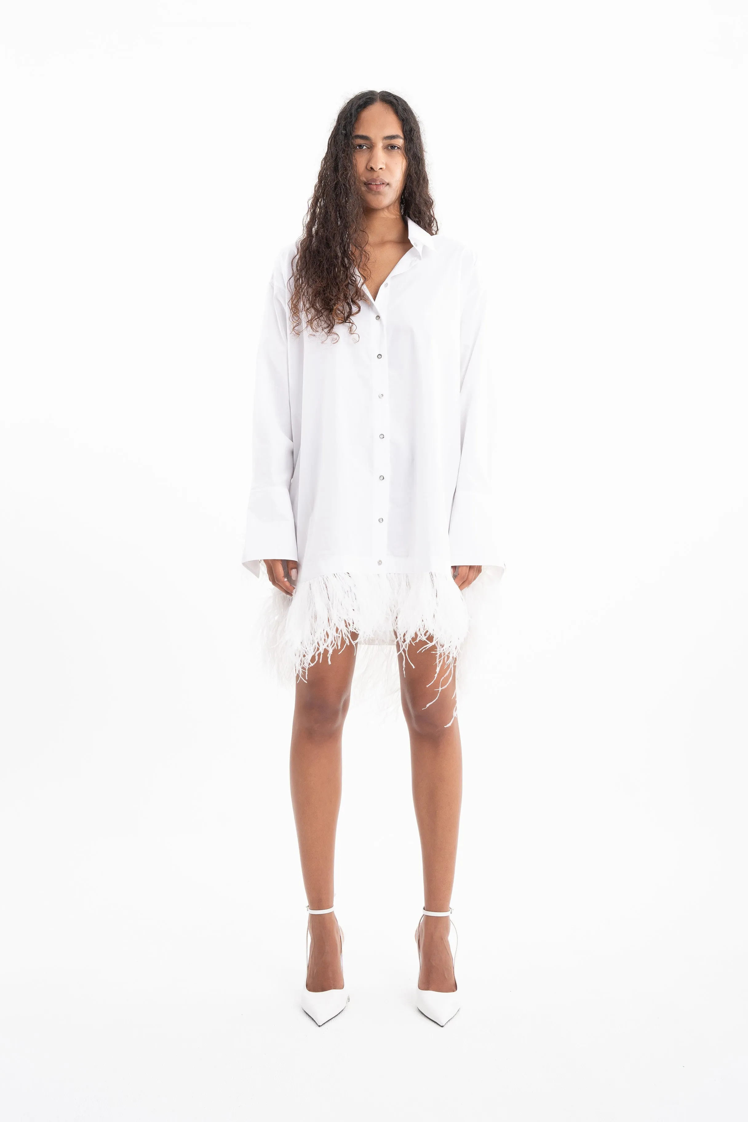 WHITE FEATHER HEM SHIRT DRESS sold by Marques ’ Almeida