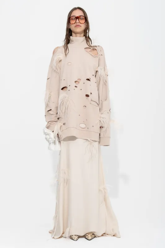 BEIGE DISTRESSED TURTLENECK WITH FEATHERS made by Marques ’ Almeida