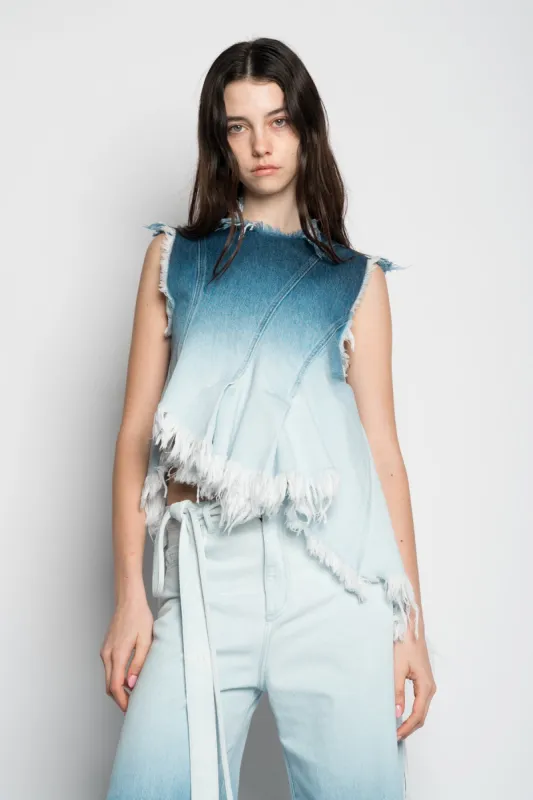 OMBRE DENIM BLUE SLEEVELESS TOP WITH ASYMMETRIC HEM made by Marques ’ Almeida