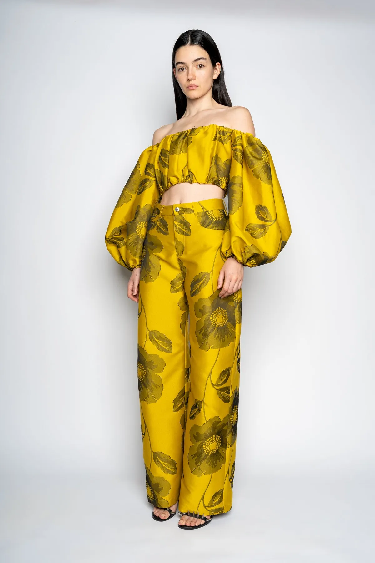 MUSTARD FLORAL BROCADE BOYFRIEND TROUSERS sold by Marques ’ Almeida product image thumbnail 5