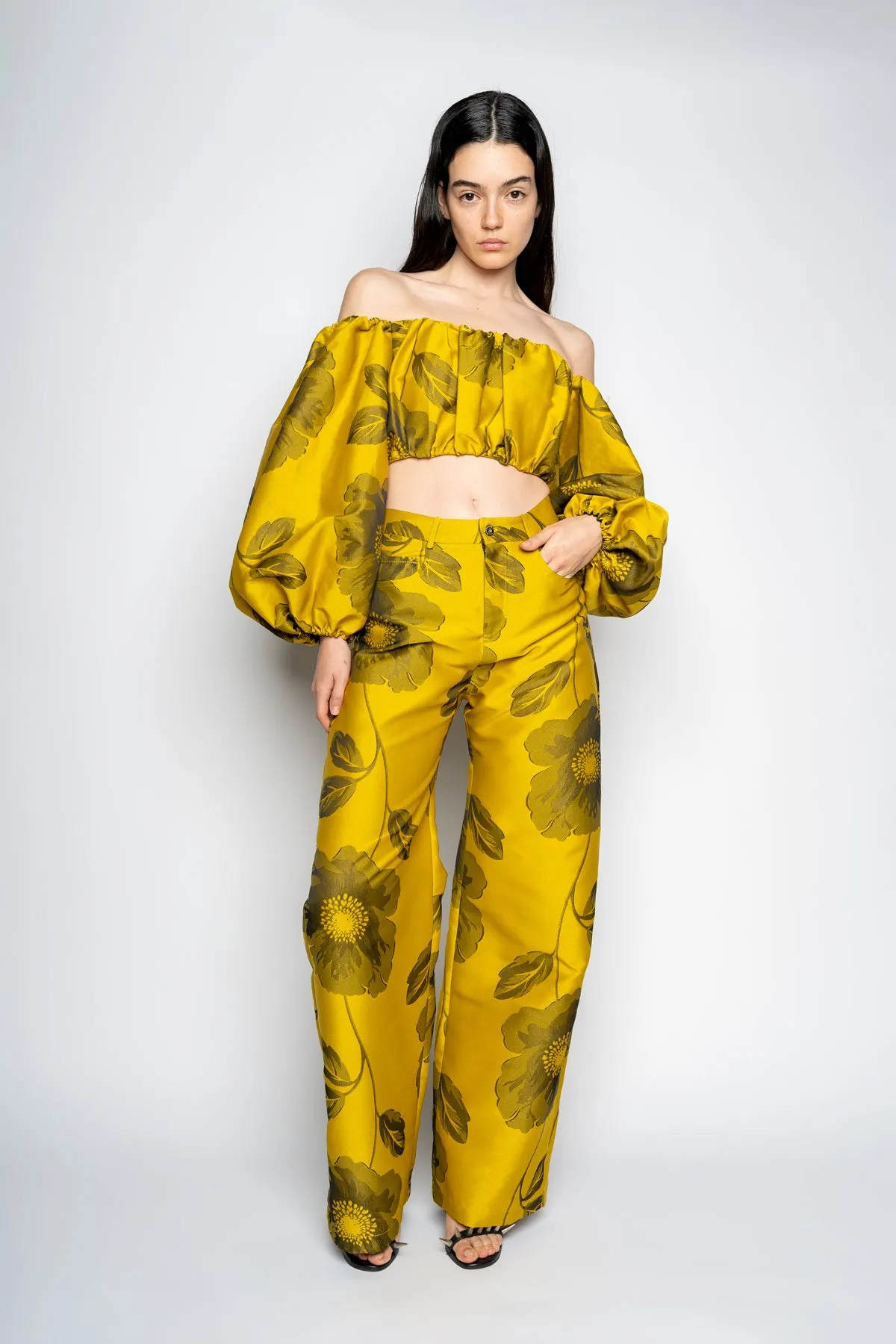 MUSTARD FLORAL BROCADE BOYFRIEND TROUSERS sold by Marques ’ Almeida