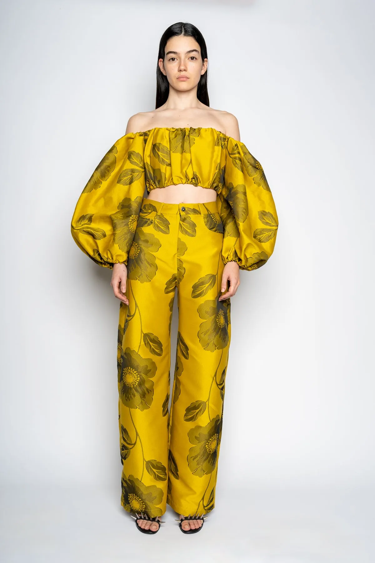 MUSTARD FLORAL BROCADE BOYFRIEND TROUSERS sold by Marques ’ Almeida product image thumbnail 3