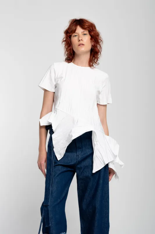 WHITE CAP SLEEVE PLISSE T-SHIRT sold by Marques ’ Almeida