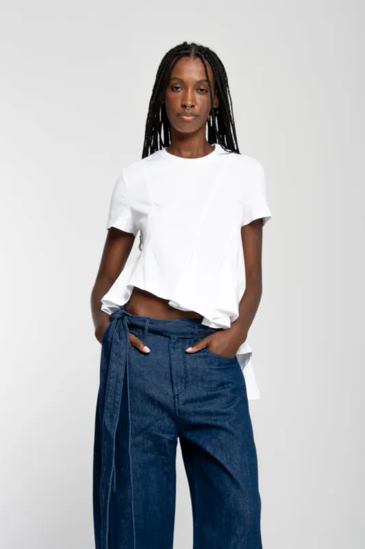WHITE CAP SLEEVE T-SHIRT WITH PLEATS AND ASYMMETRIC HEM sold by Marques ’ Almeida