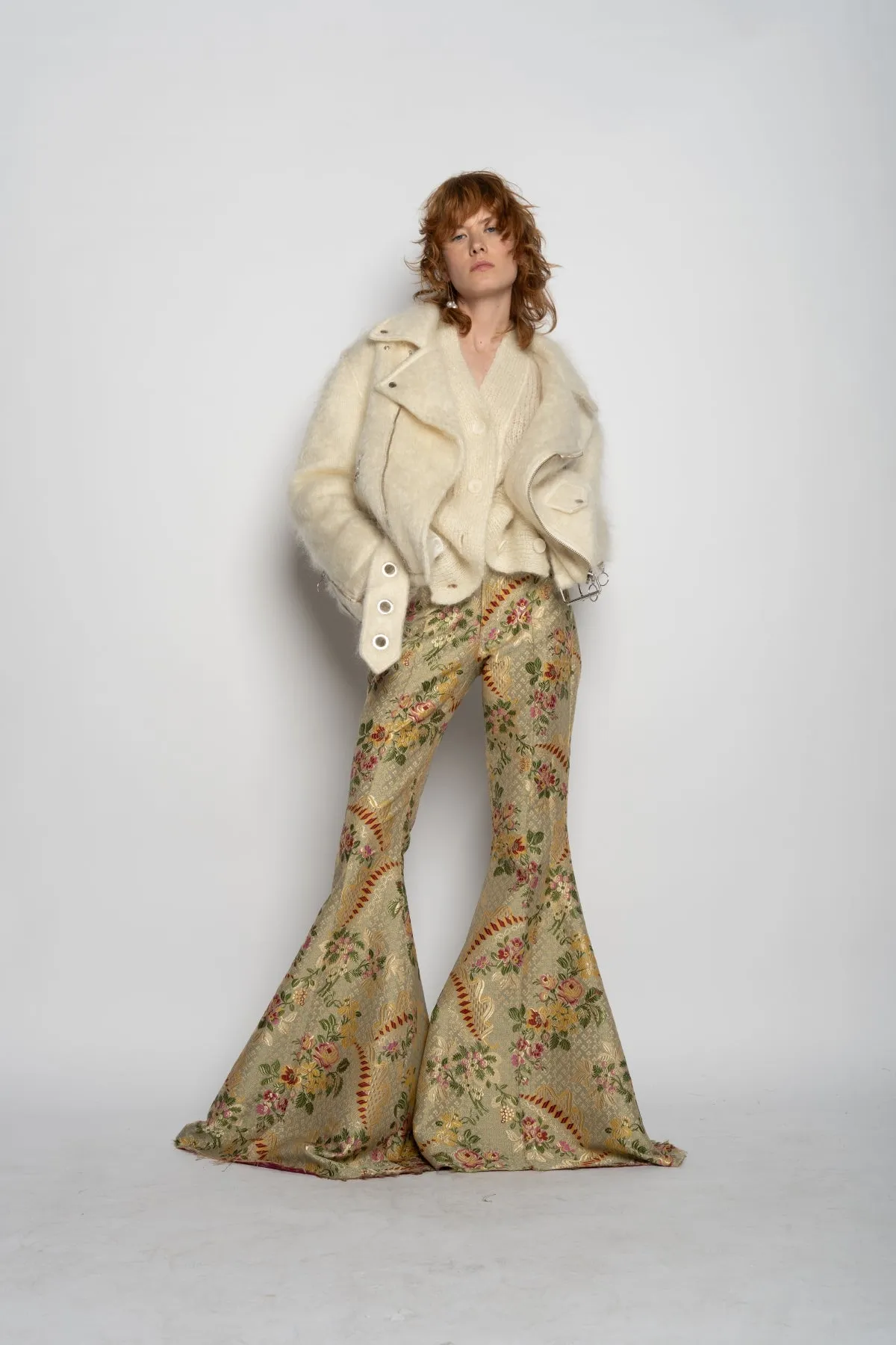BEIGE BROCADE EXTREME FLARE TROUSERS sold by Marques ’ Almeida