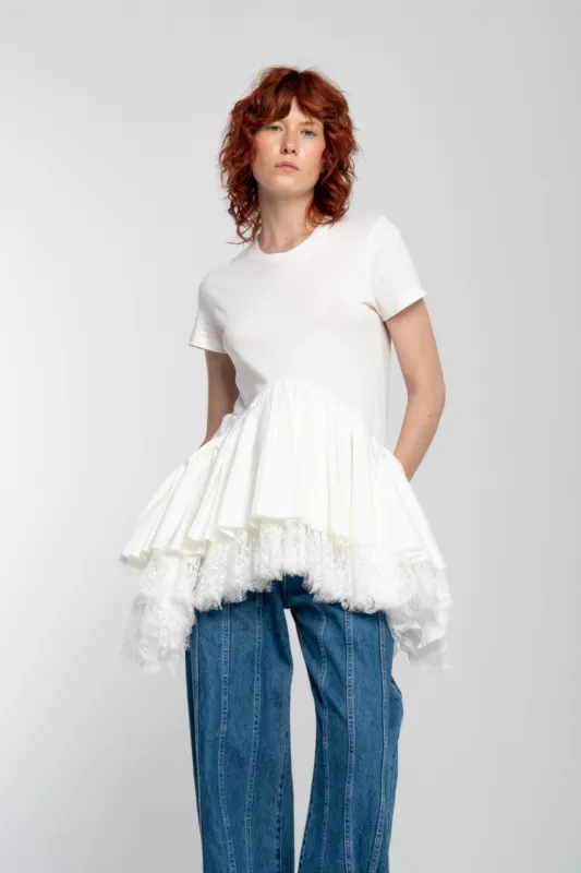 WHITE CAP SLEEVE T-SHIRT WITH FRILL AND LACE HEM sold by Marques ’ Almeida