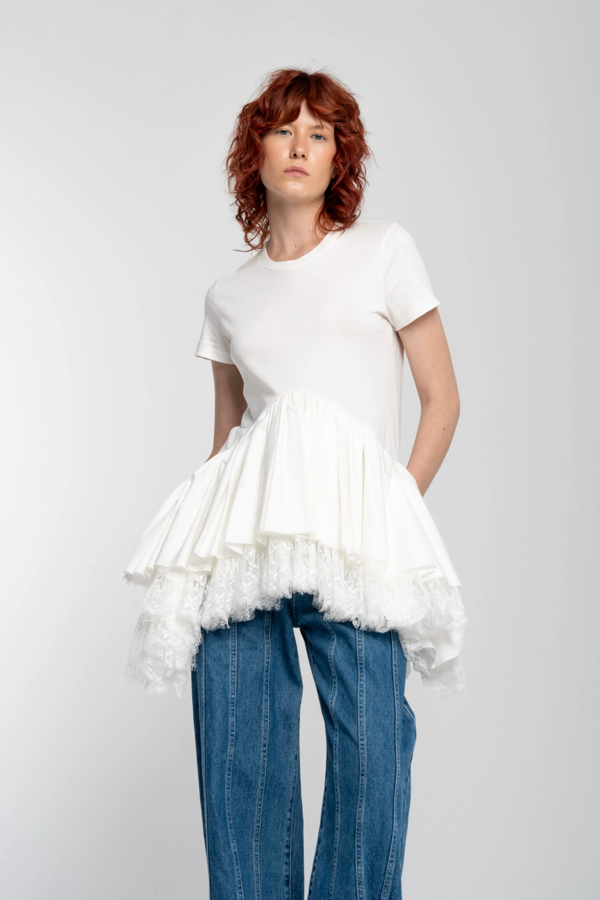 WHITE CAP SLEEVE T-SHIRT WITH FRILL AND LACE HEM sold by Marques ’ Almeida