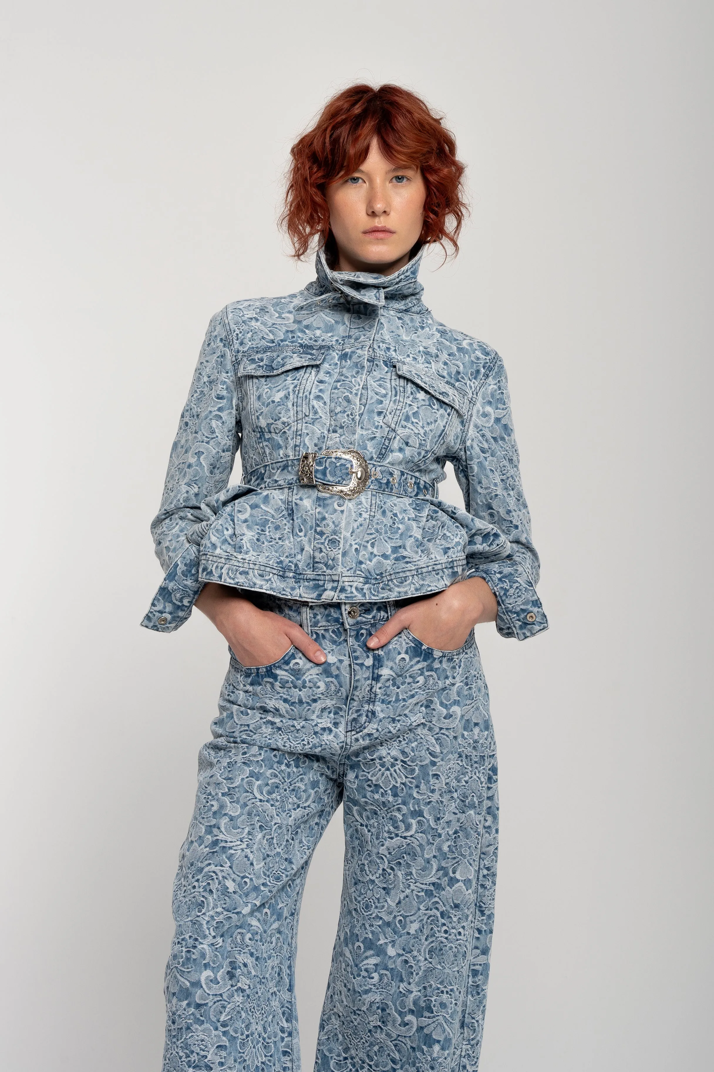 LIGHT BLUE FITTED JACKET WITH EMBELLISHMENT BELT sold by Marques ’ Almeida