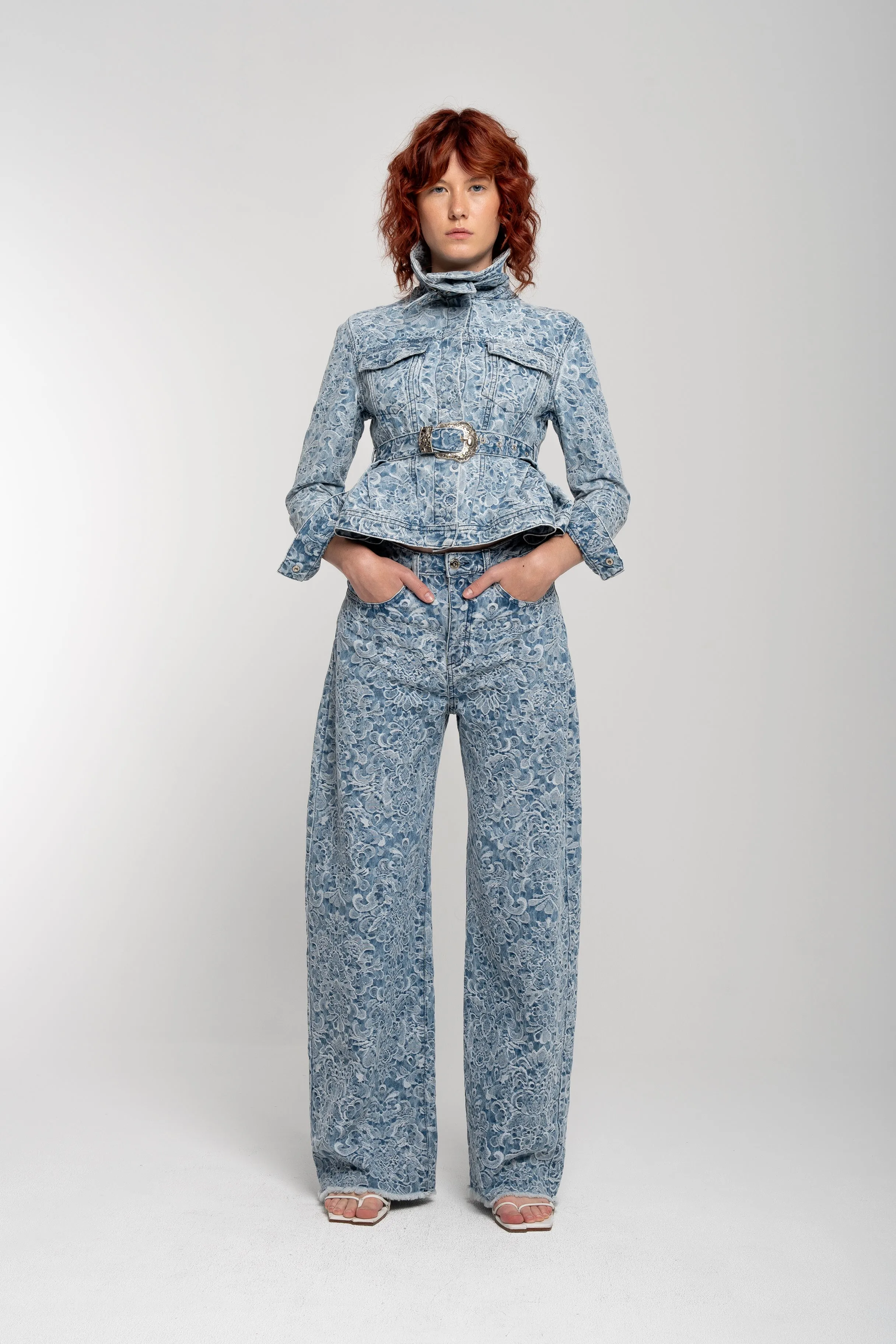 LIGHT BLUE FITTED JACKET WITH EMBELLISHMENT BELT sold by Marques ’ Almeida product image thumbnail 4