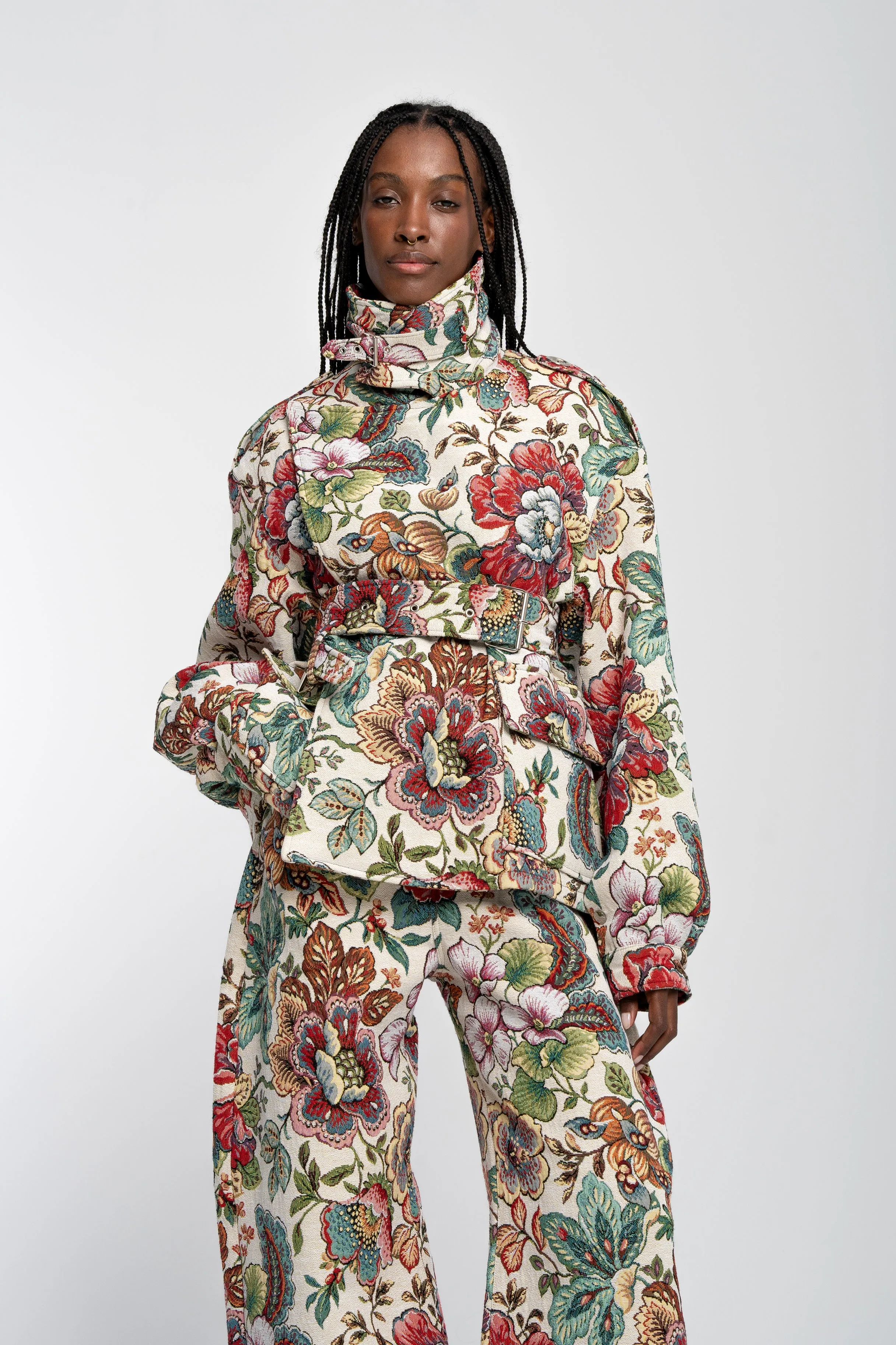 WHITE BROCADE CROPPED TRENCH COAT STYLE JACKET sold by Marques ’ Almeida