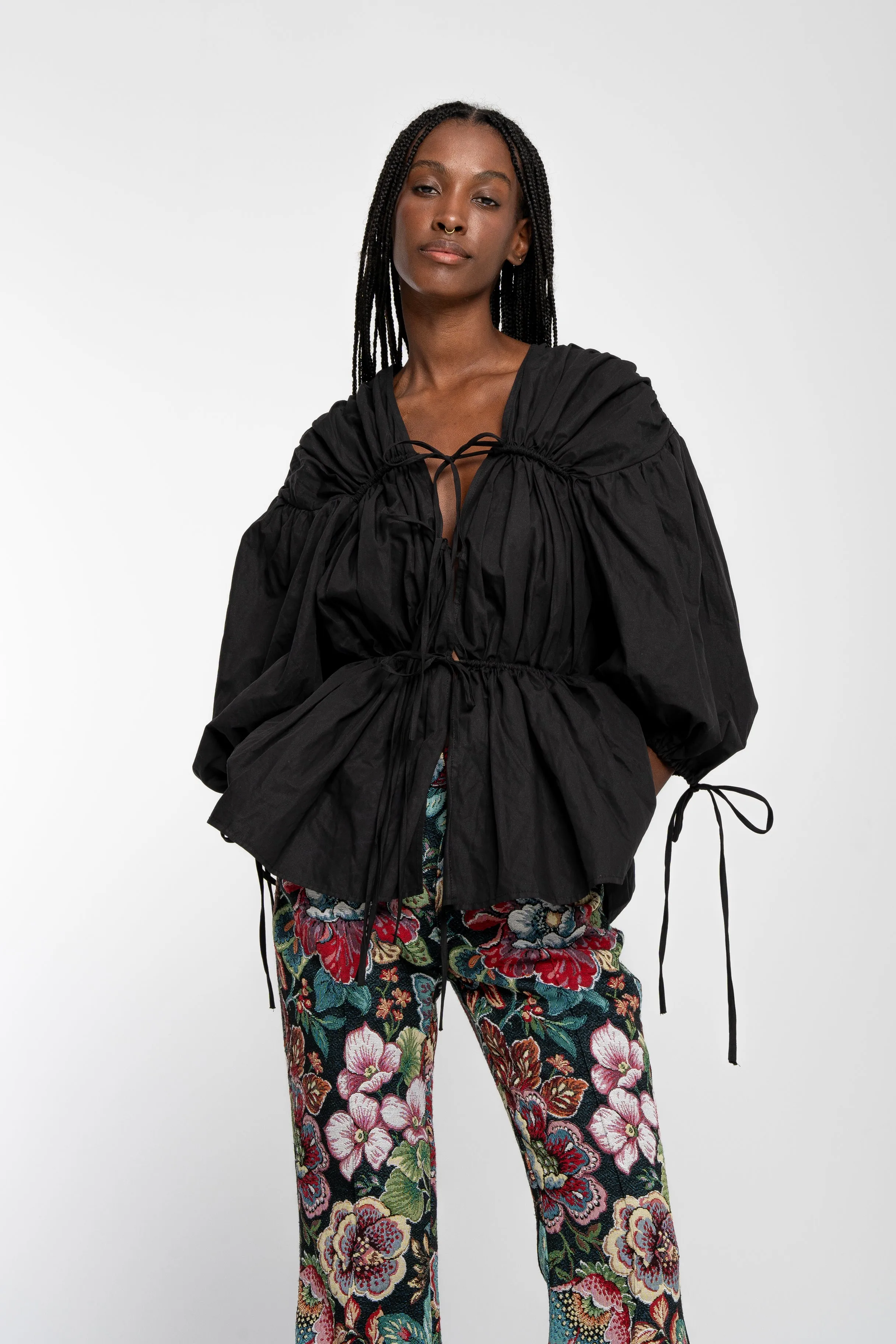 BLACK WRINKLED COTTON LACES RUCHED BLOUSE sold by Marques ’ Almeida