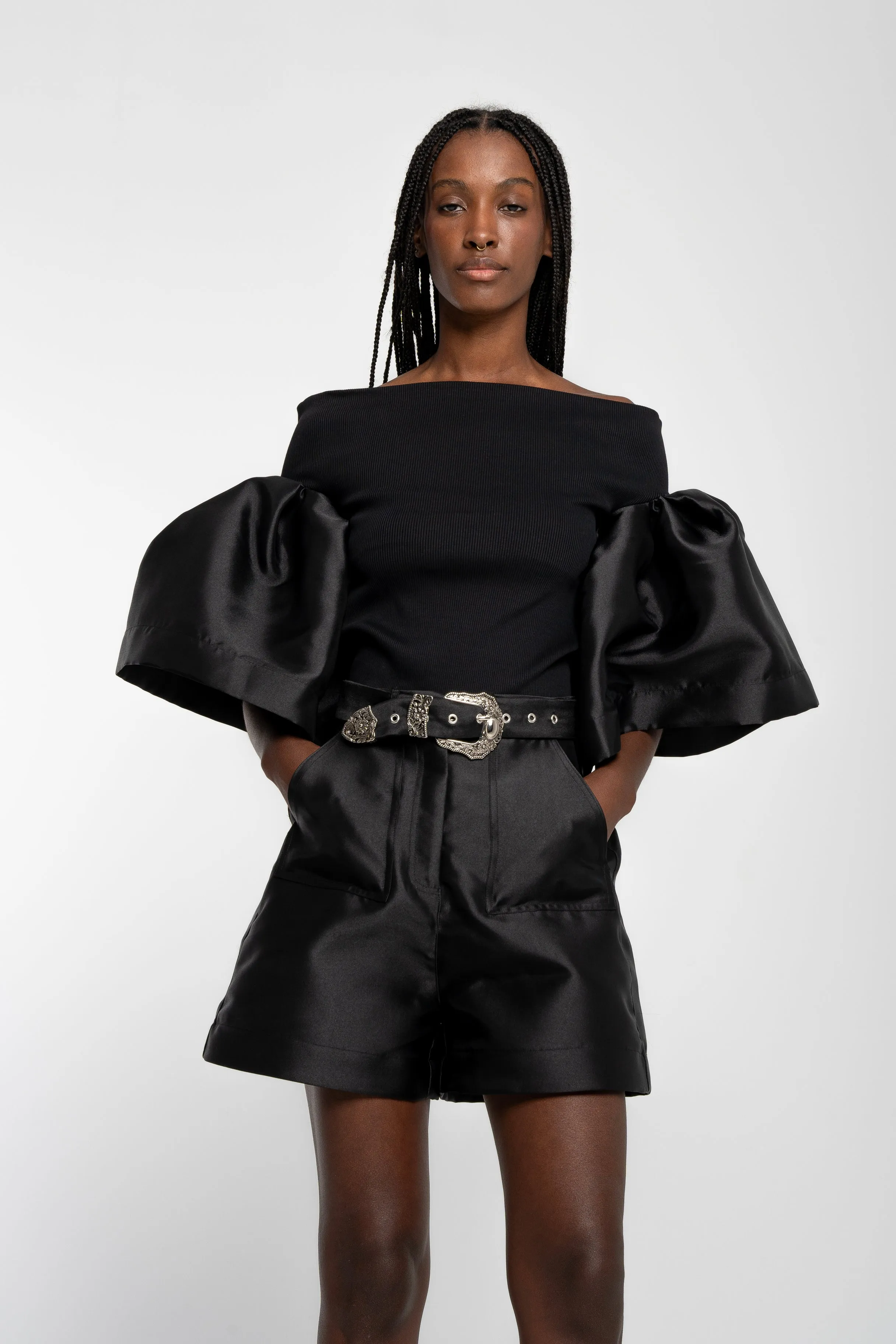 BLACK MIKADO OFF SHOULDER PUFF SLEEVE TOP sold by Marques ’ Almeida