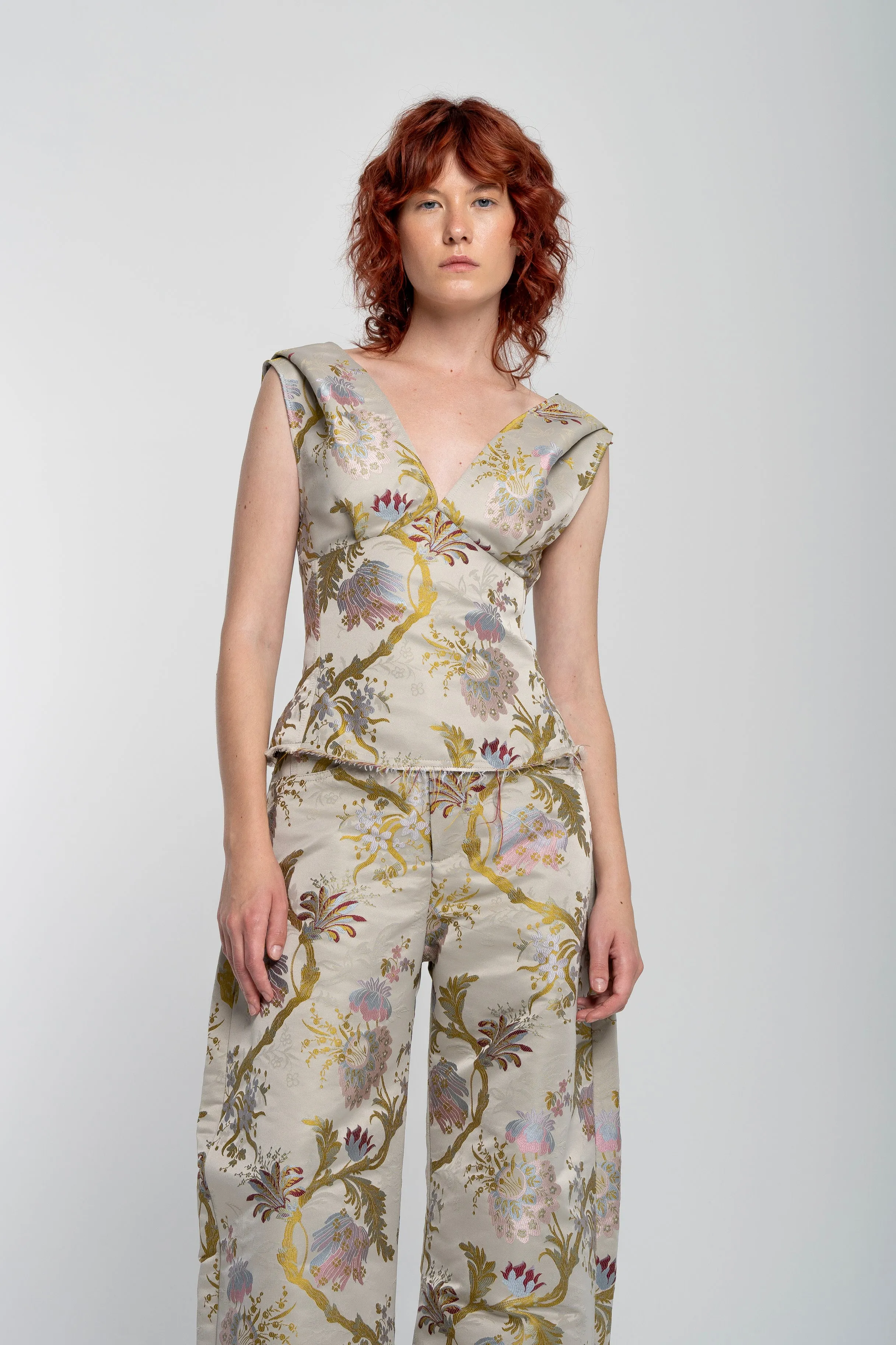 GREY SATIN BROCADE OFF SHOULDER FITTED TOP sold by Marques ’ Almeida