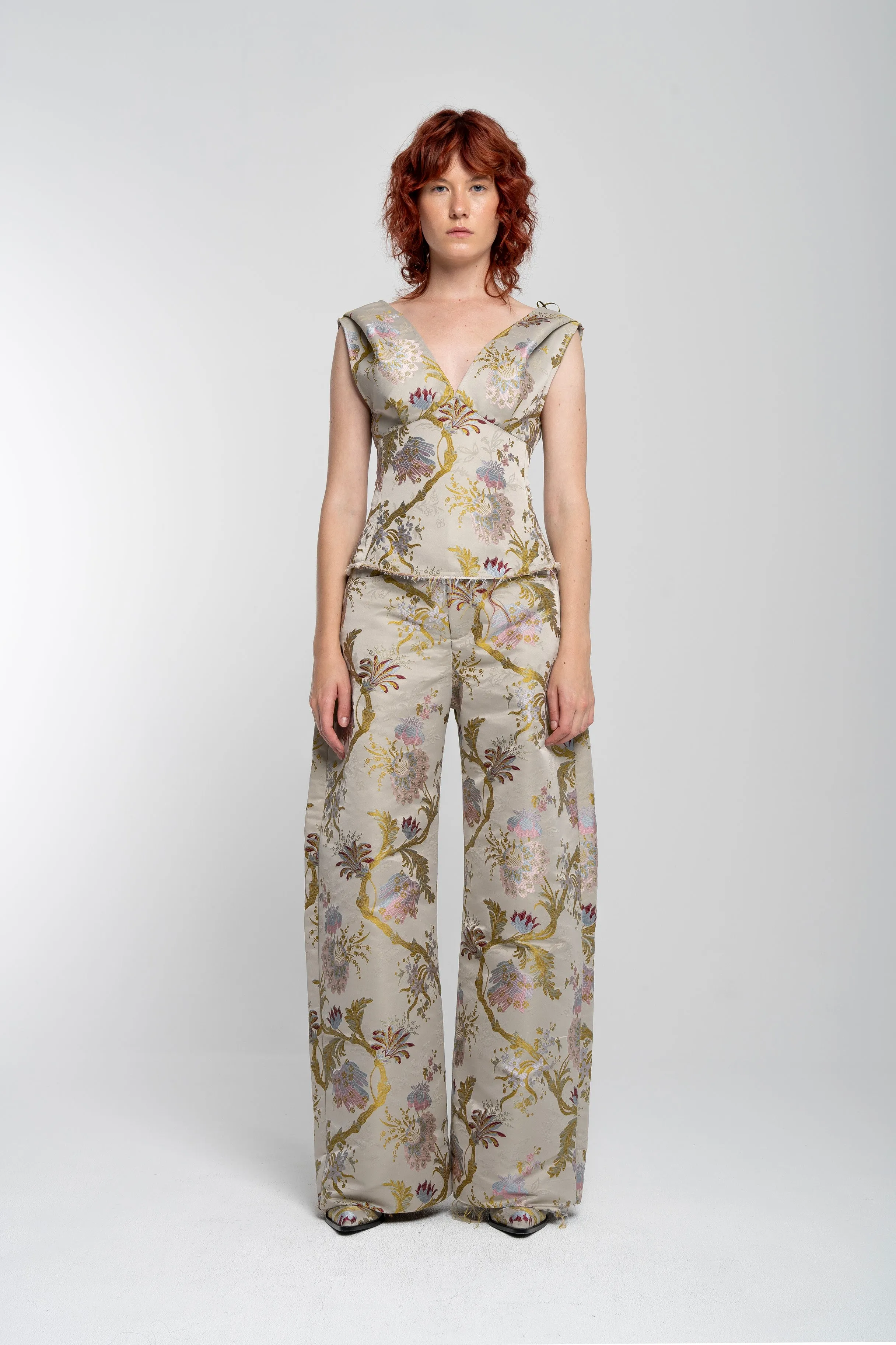 GREY FLORAL BROCADE BOYFRIEND TROUSERS sold by Marques ’ Almeida
