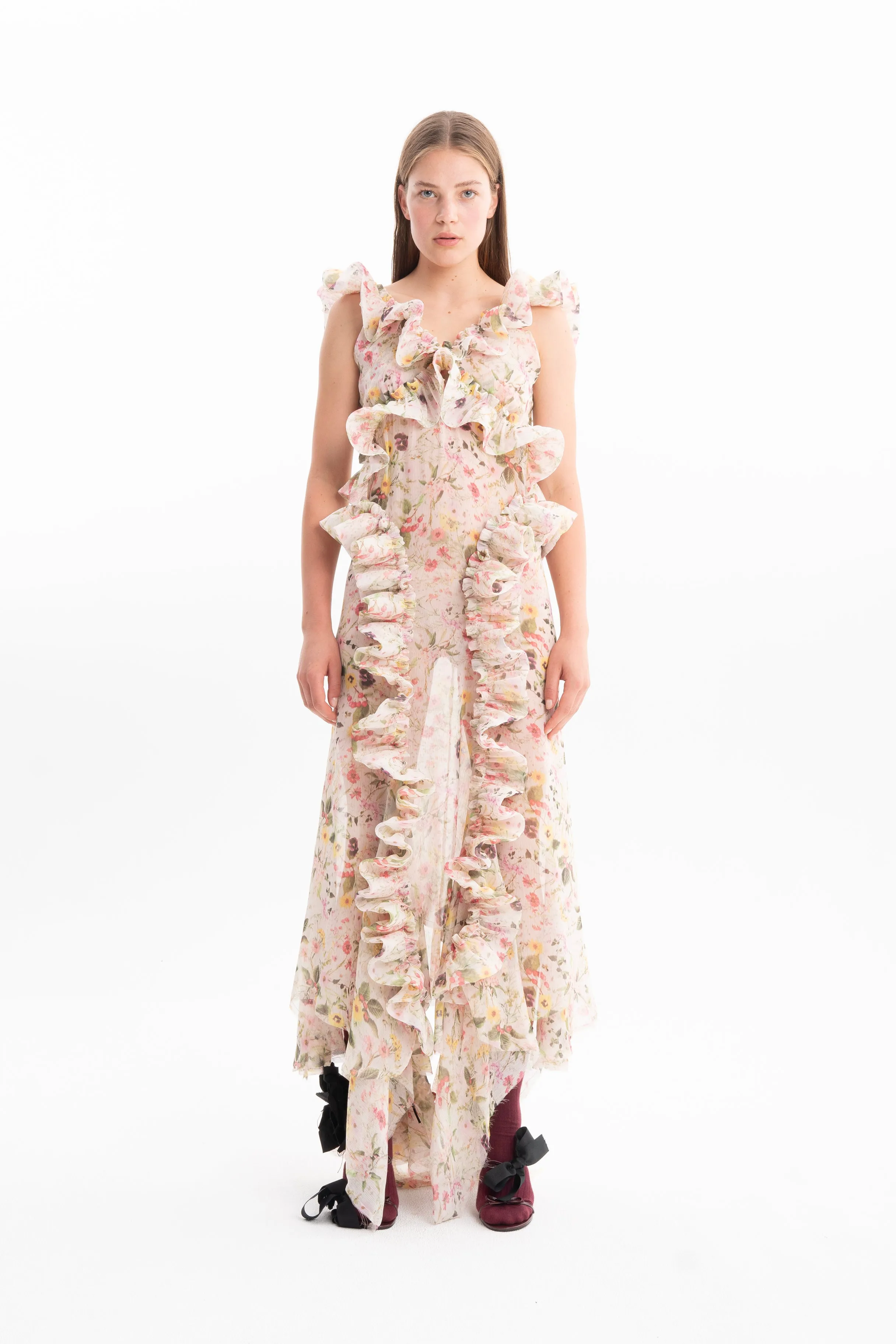 PRINTED CHIFFON STRUCTURED RUFFLES MIDI DRESS sold by Marques ’ Almeida
