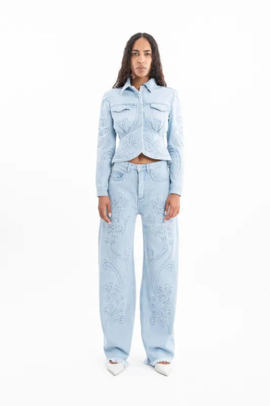 BLUE DENIM EMBROIDERY BOYFRIEND TROUSERS made by Marques ’ Almeida
