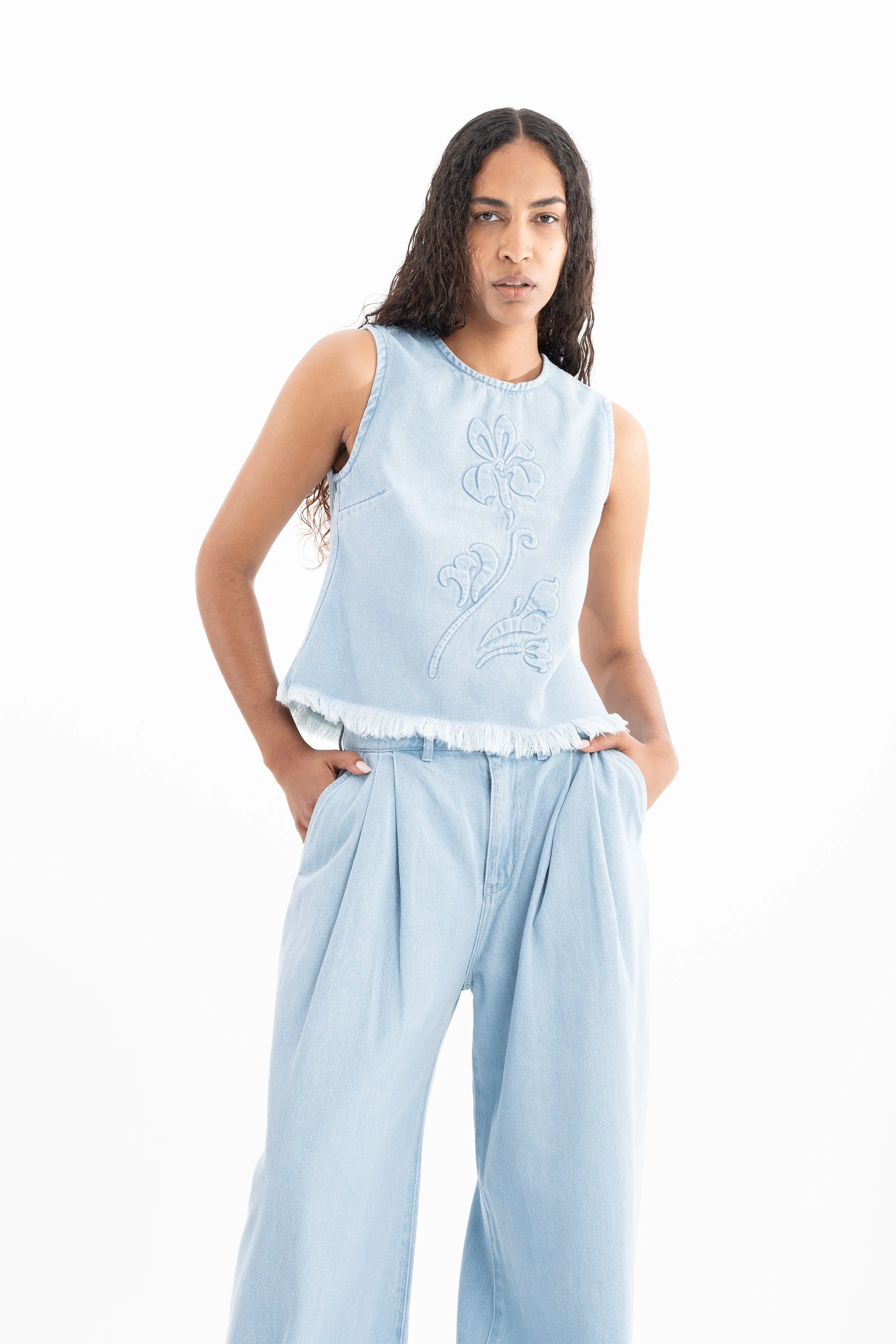 DENIM SLEEVELESS TOP WITH FLOWER EMBROIDERY sold by Marques ’ Almeida