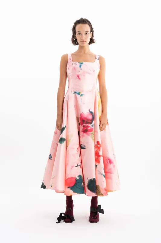 PINK FLORAL CORSET STYLE MIDI DRESS WITH A LINE SKIRT made by Marques ’ Almeida