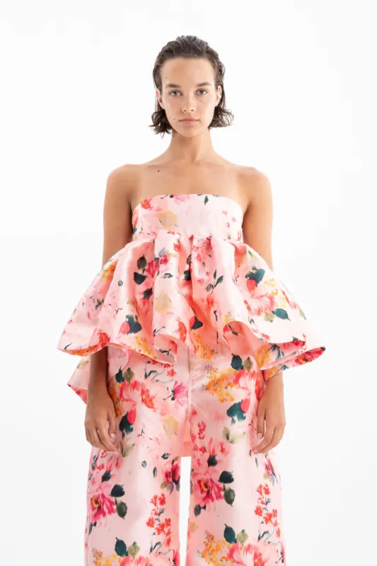 PINK FLORAL STRAPLESS PEPLUM KNOT BACK TOP sold by Marques ’ Almeida