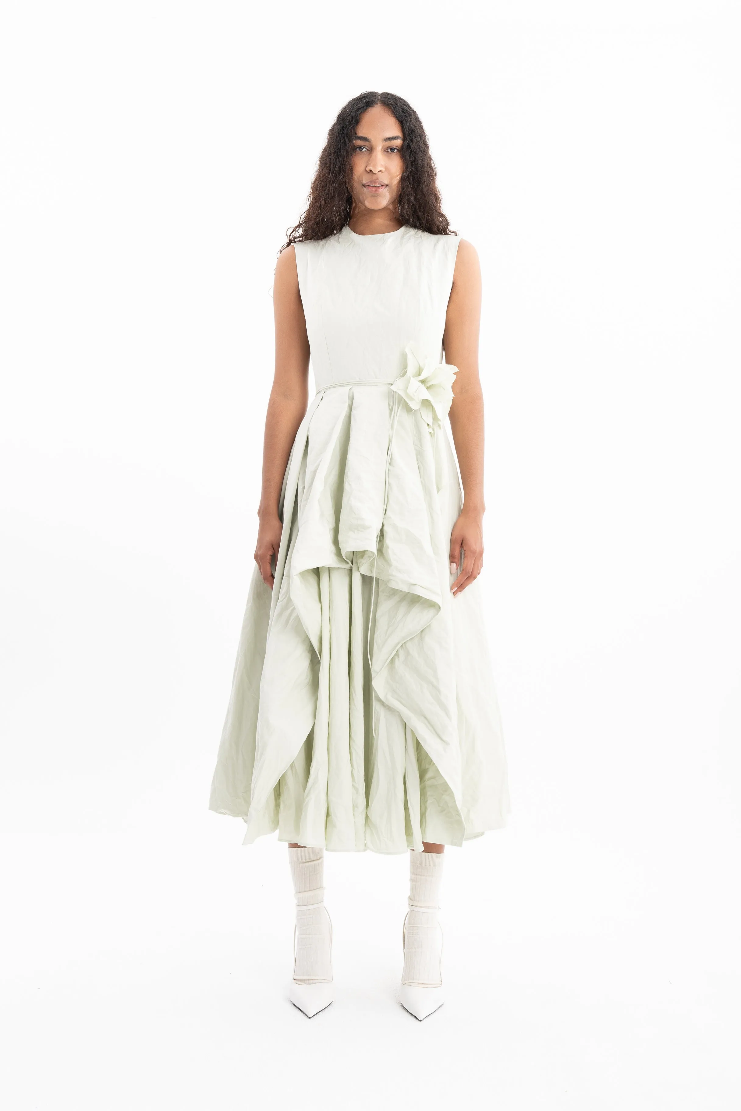 LIGHT GREEN WRINKLED COTTON SLEEVELESS MIDI DRESS sold by Marques ’ Almeida