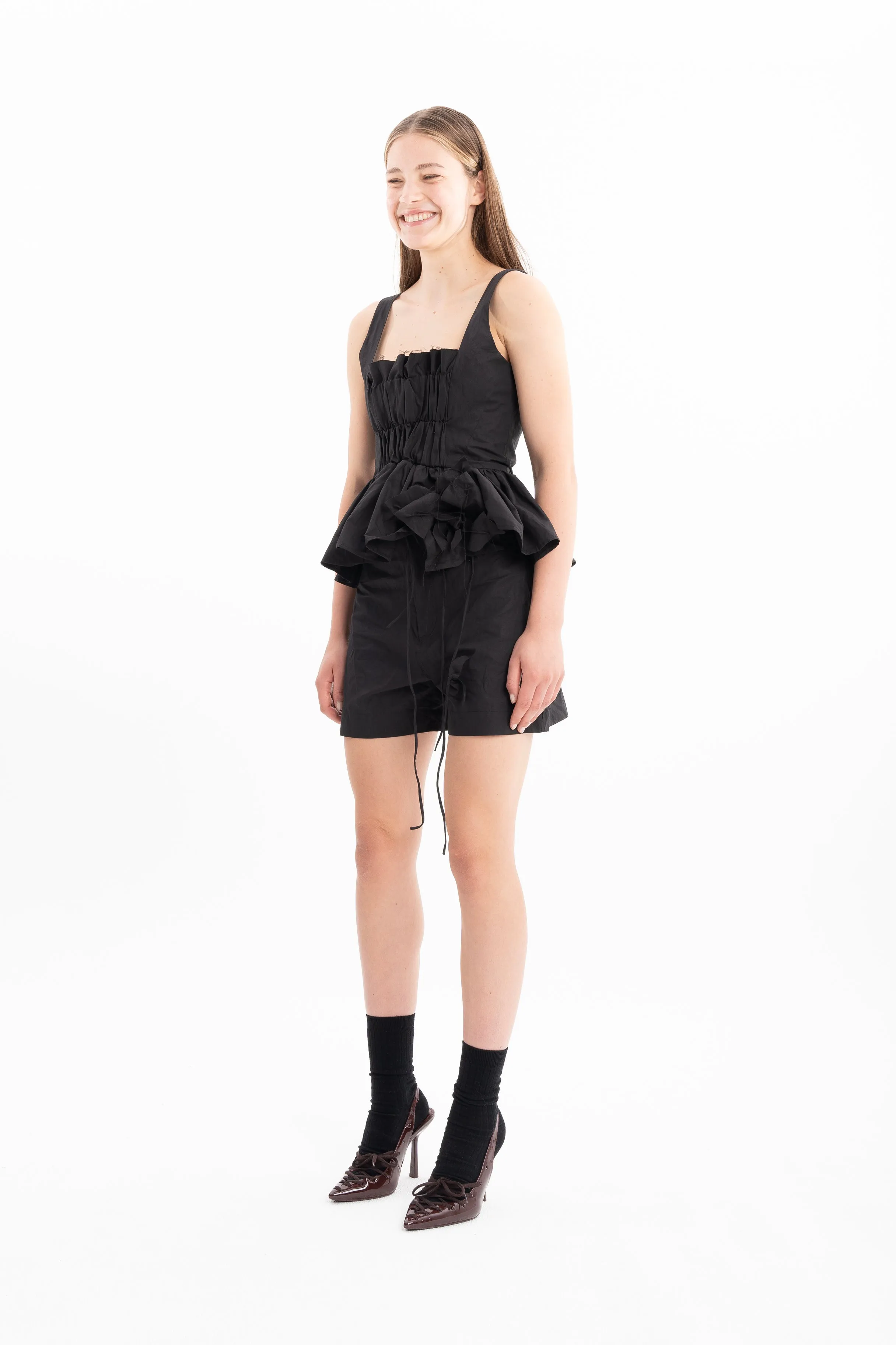 BLACK WRINKLED COTTON SHORTS WITH FLOWER EMBELLISHMENT sold by Marques ’ Almeida product image thumbnail 3