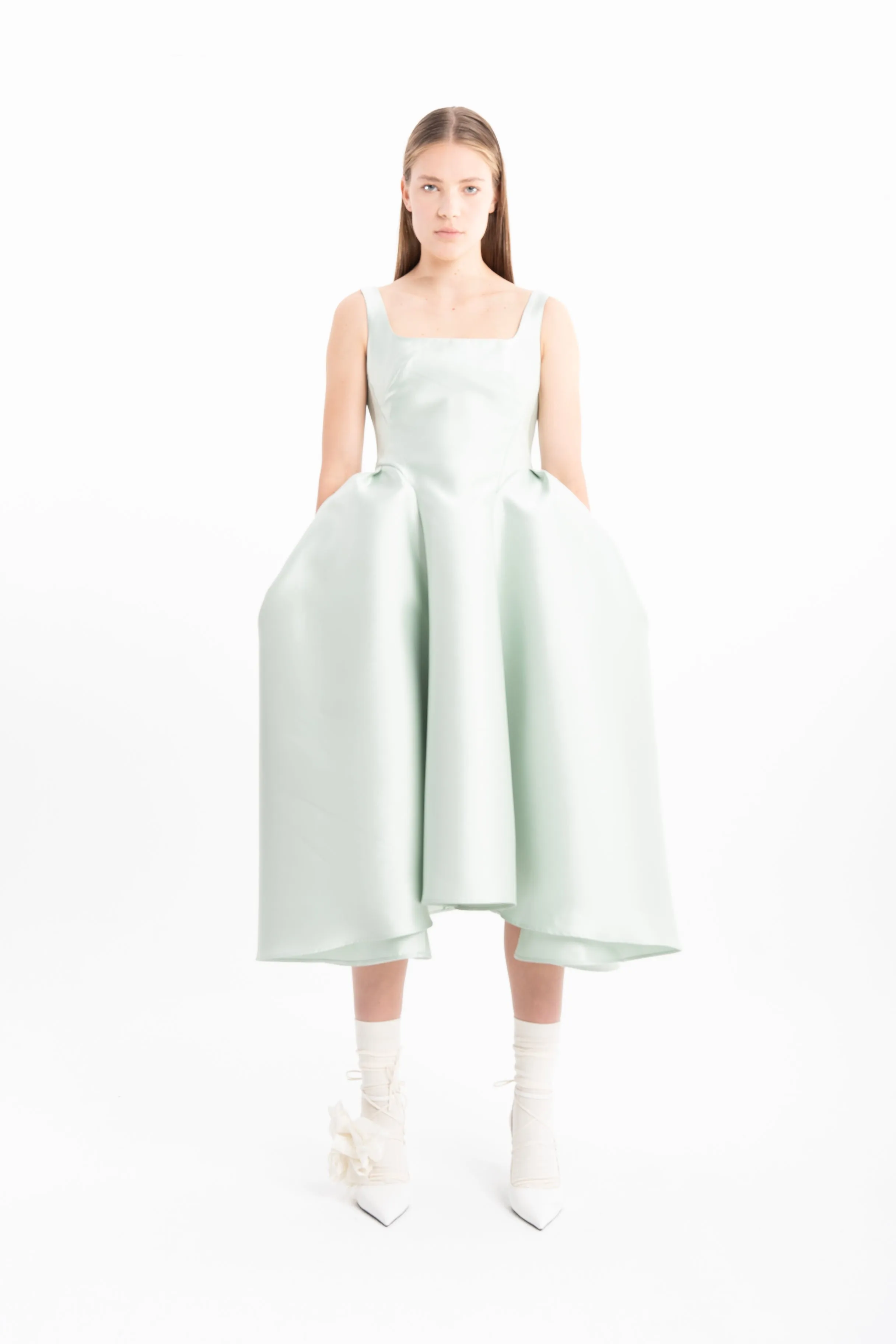 LIGHT GREEN CORSET STYLE MIDI DRESS WITH PUFF HIPS sold by Marques ’ Almeida