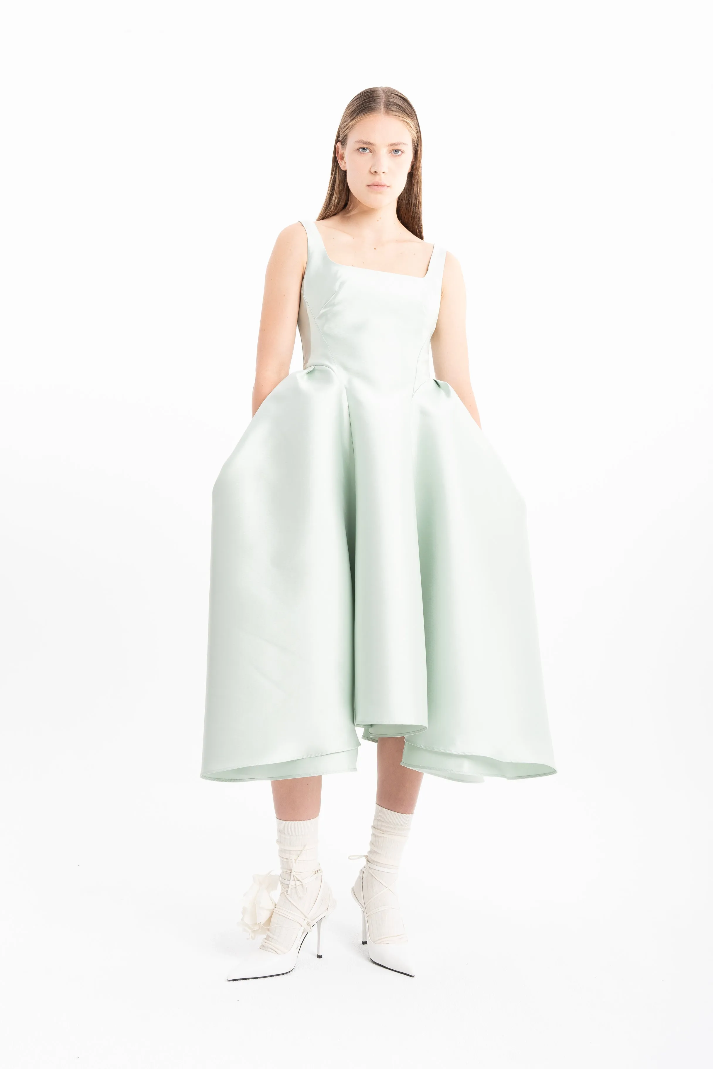 LIGHT GREEN CORSET STYLE MIDI DRESS WITH PUFF HIPS sold by Marques ’ Almeida product image thumbnail 4