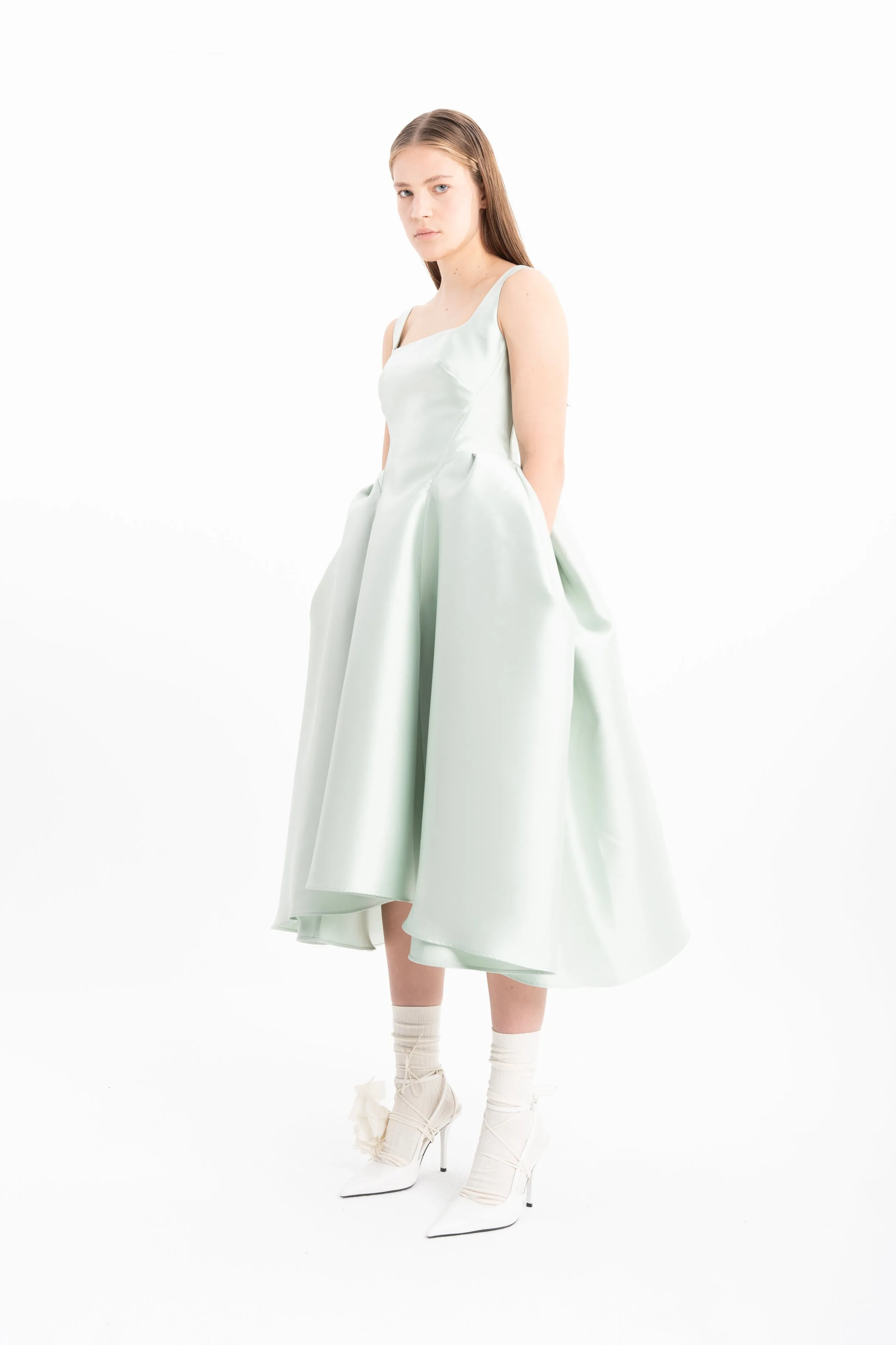 LIGHT GREEN CORSET STYLE MIDI DRESS WITH PUFF HIPS sold by Marques ’ Almeida product image thumbnail 3