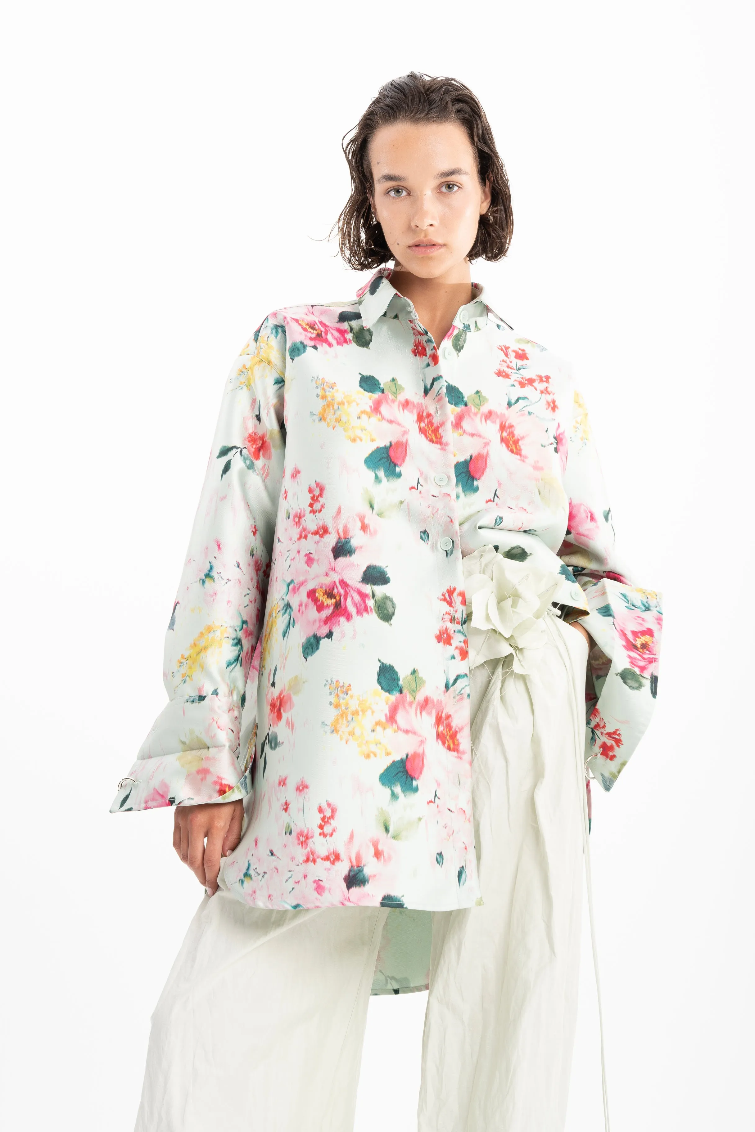 LIGHT GREEN PRINTED HEAVY SATIN OVERSIZE SHIRT sold by Marques ’ Almeida