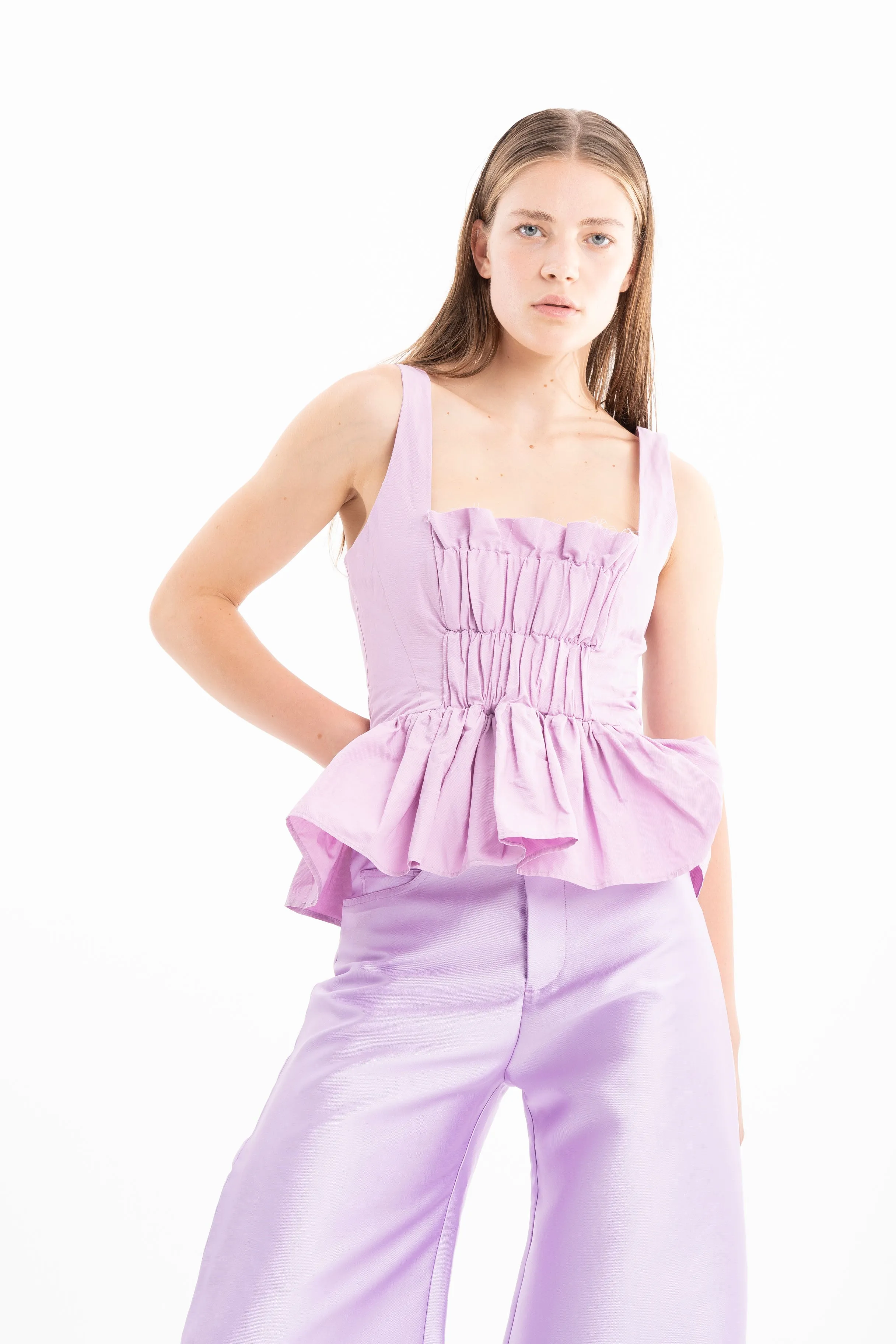 LILAC WRINKLED COTTON GATHERED TOP sold by Marques ’ Almeida